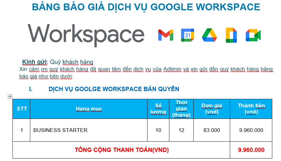 Bảng báo giá google workspace business starter