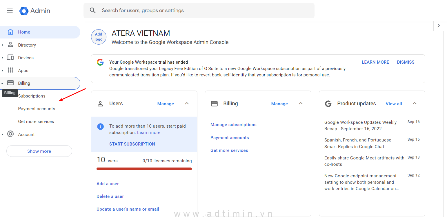 payment google workspace adtimin