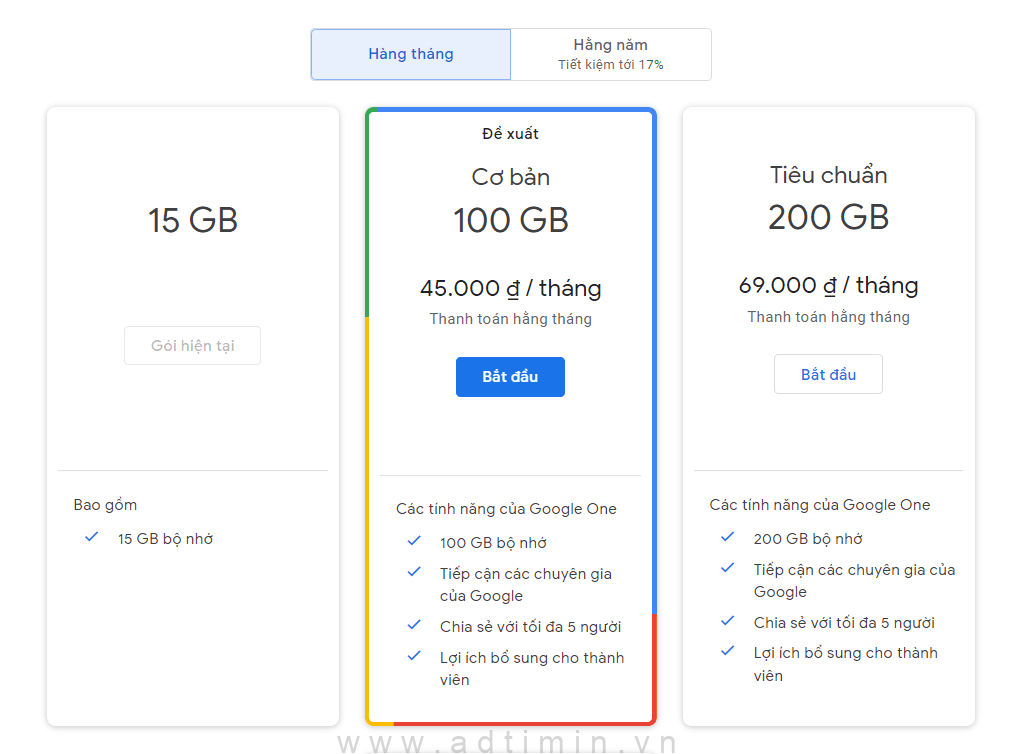 Bảng giá mua thêm dung lượng drive cá nhân