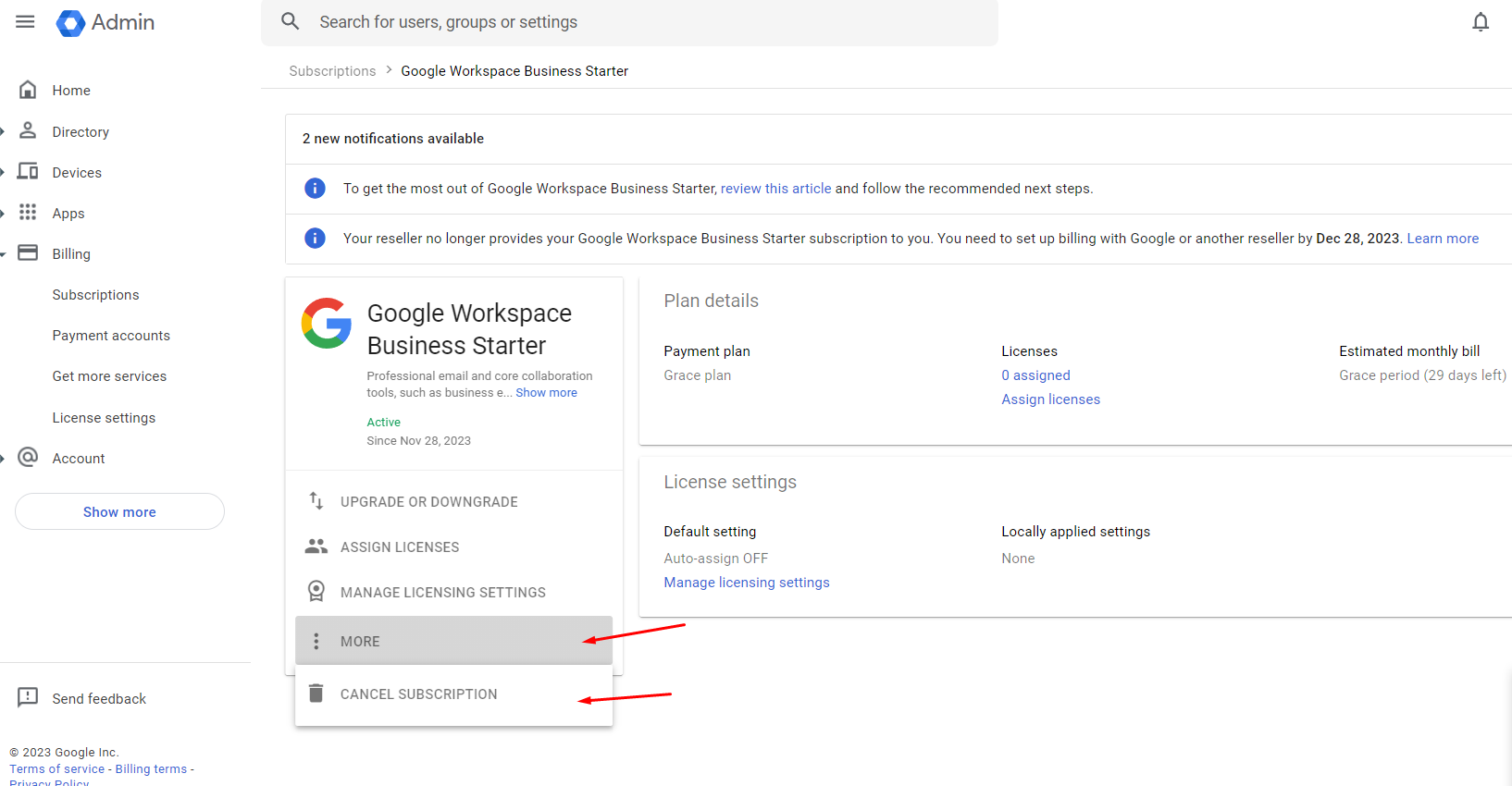Hủy gói đang sử dụng Google workspace