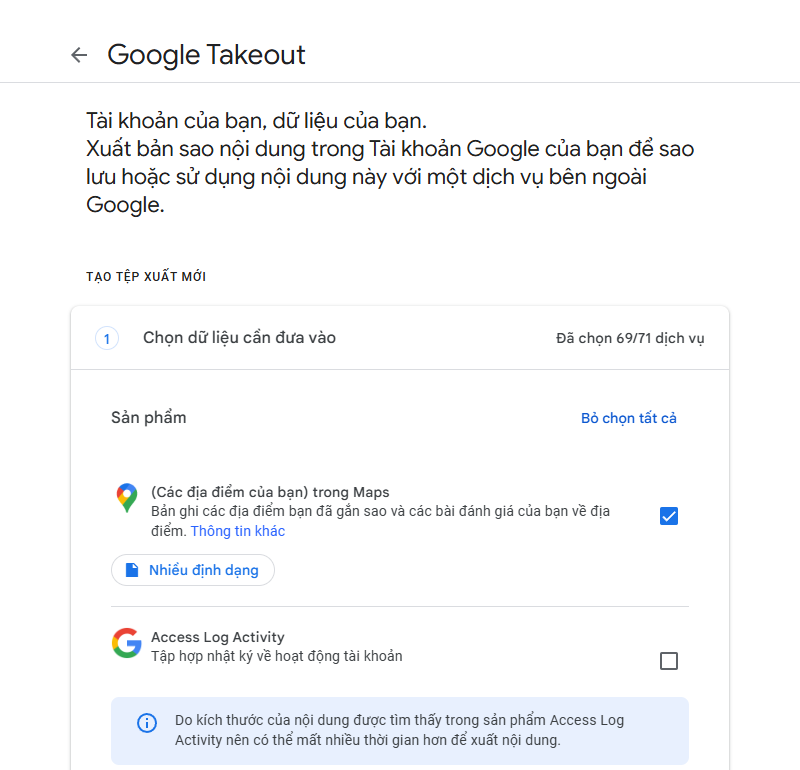 Google Takeout lưu dữ liệu gmail