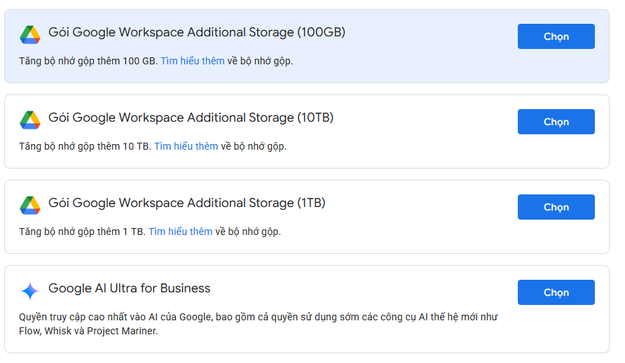Mua thêm dung lượng Google Workspace